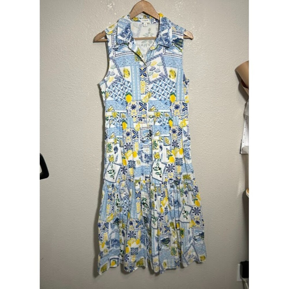 J.Crew Amalfi Coast Lemon Novelty Midi Dress 8 Button Front Sleeveless Collar - Picture 2 of 9
